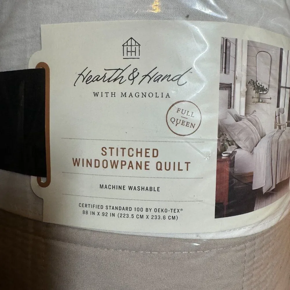 Hearth‎ & Hand with Magnolia Stitched Taupe Windowpane Quilt NwT queen/full